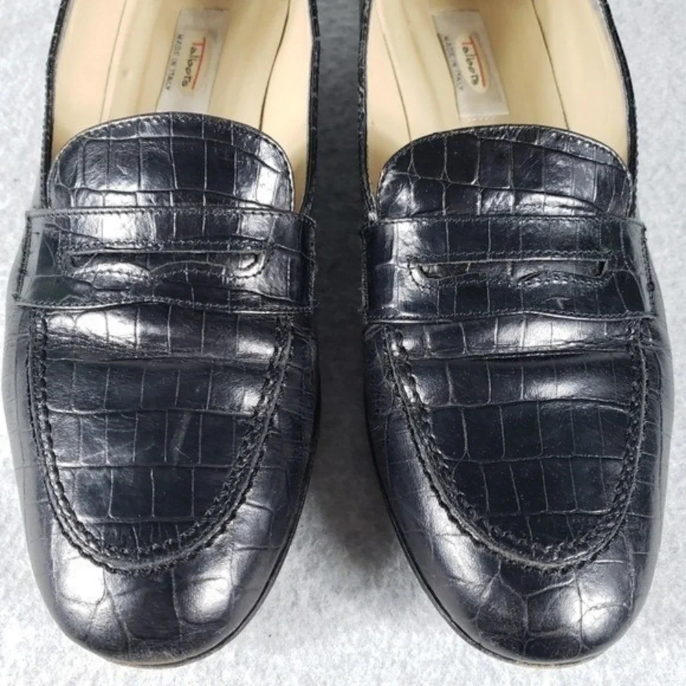 Talbots Womens Loafers Size 9 Black Croc Embossed Leather Stacked Heel Flats‎